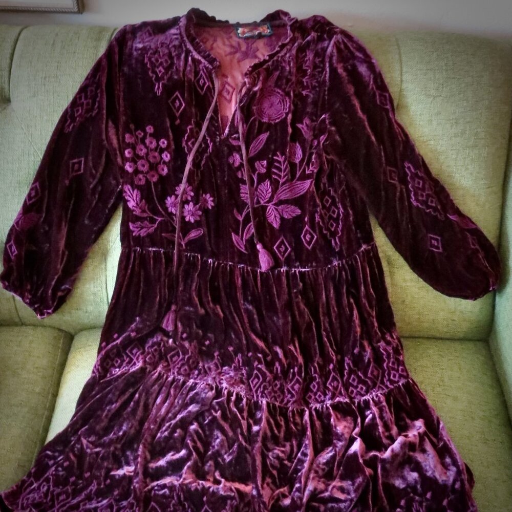 Johnny Was Velvet Burgundy Tunic Dress Size Small EmbroidereExcellent Condition